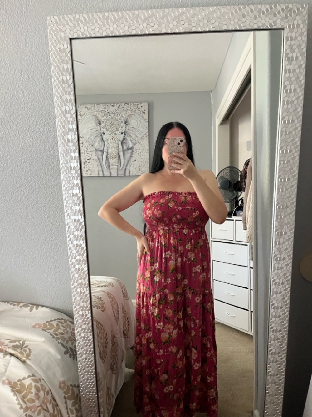 Angie Strapless Floral Smocked Shirred Maxi Pink Dress L Large M Medium